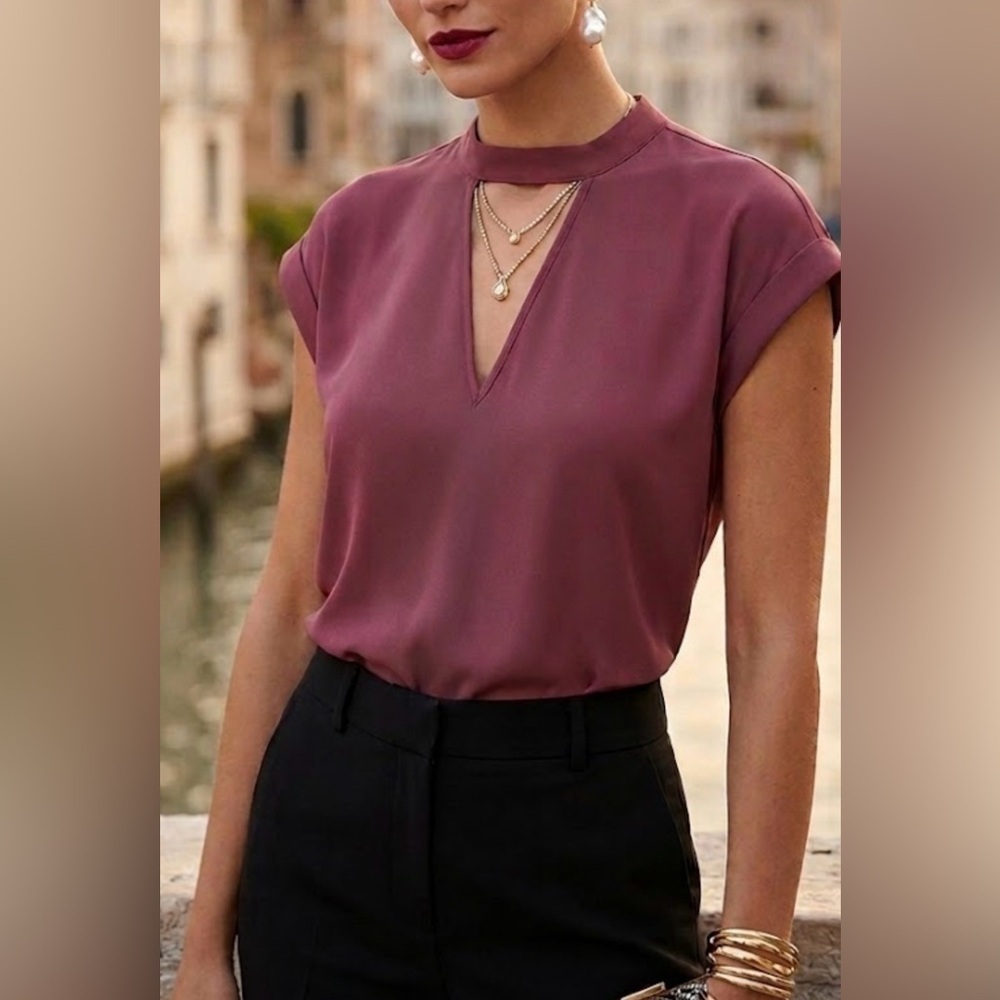 Express Red Pleated Cap Sleeve Blouse with Mandarin Collar